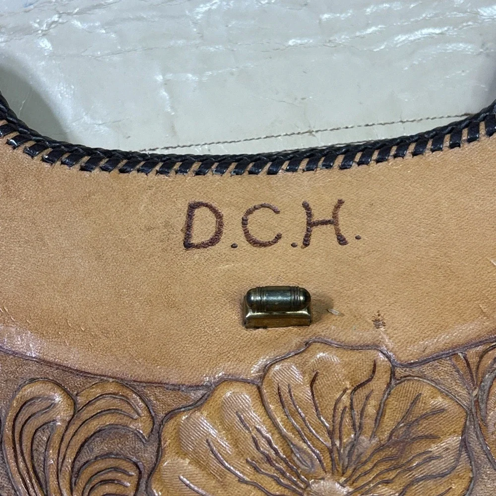 Vintage DCH Hand Tooled Leather Purse Floral Western Whipstitch Shoulder Bag
